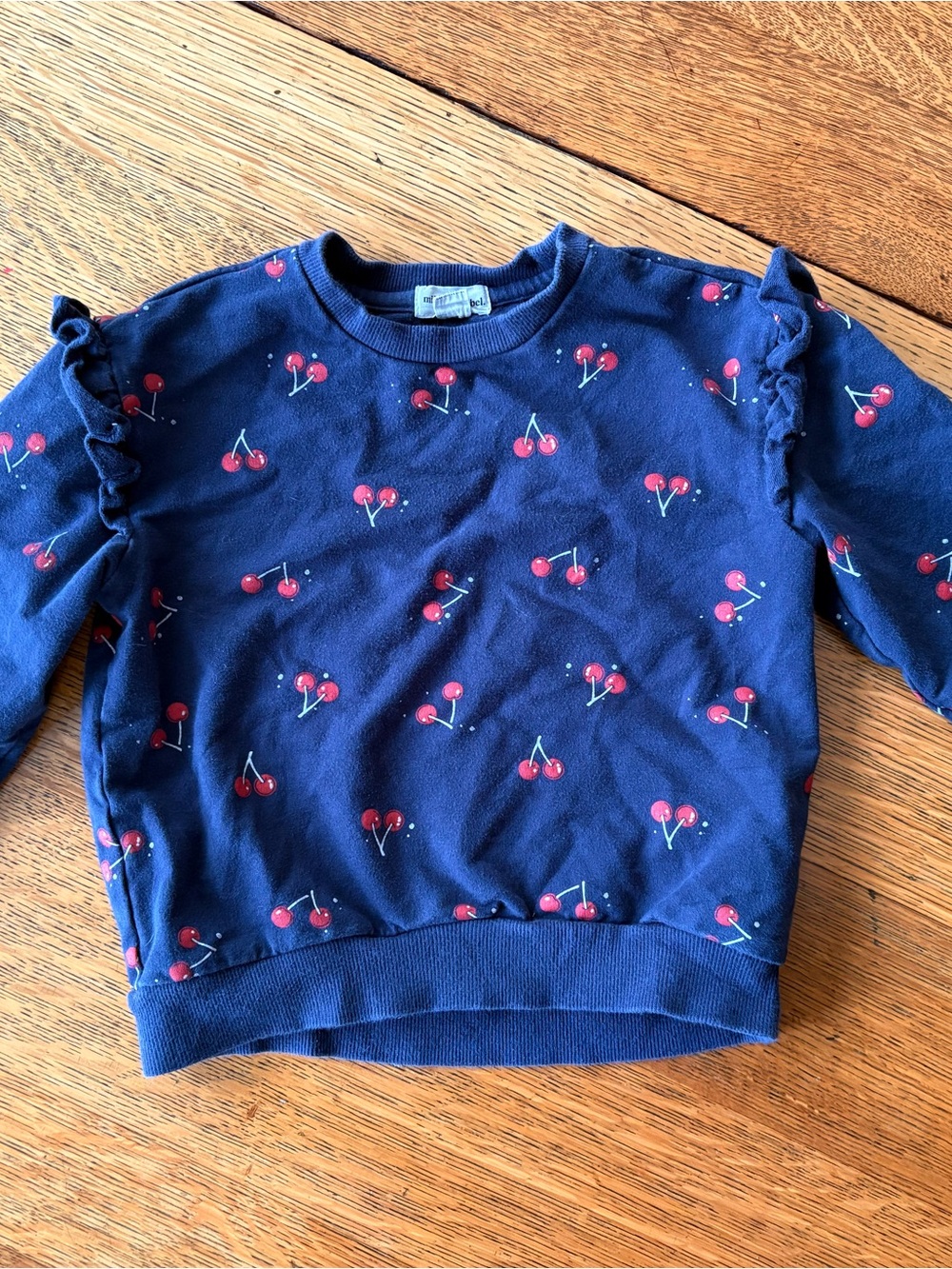 Girls' Navy Cherry Print Sweatshirt with Ruffle Shoulders